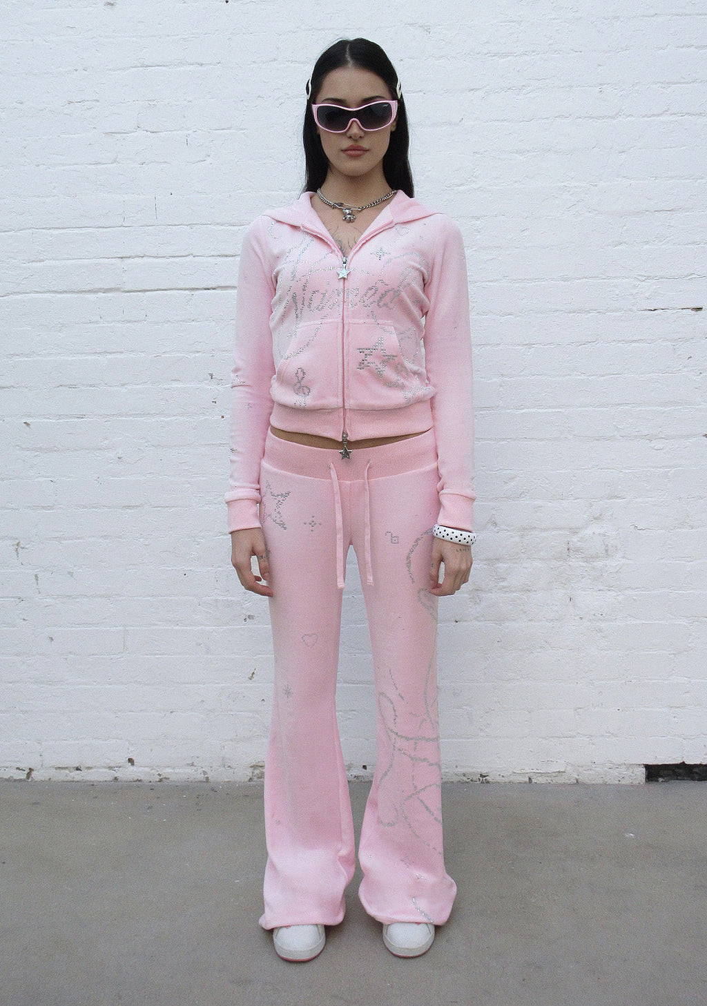 DREAMER RHINESTONE VELOUR TEDDY ZIP HOODIE BABY PINK